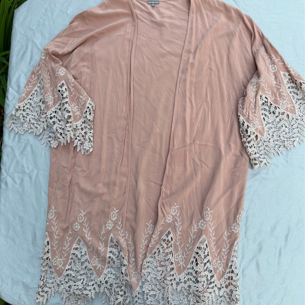 Charlotte Russe Y2K Kimono/Cardigan Pink Lace Trim Open Front Bell Sleeve S/M